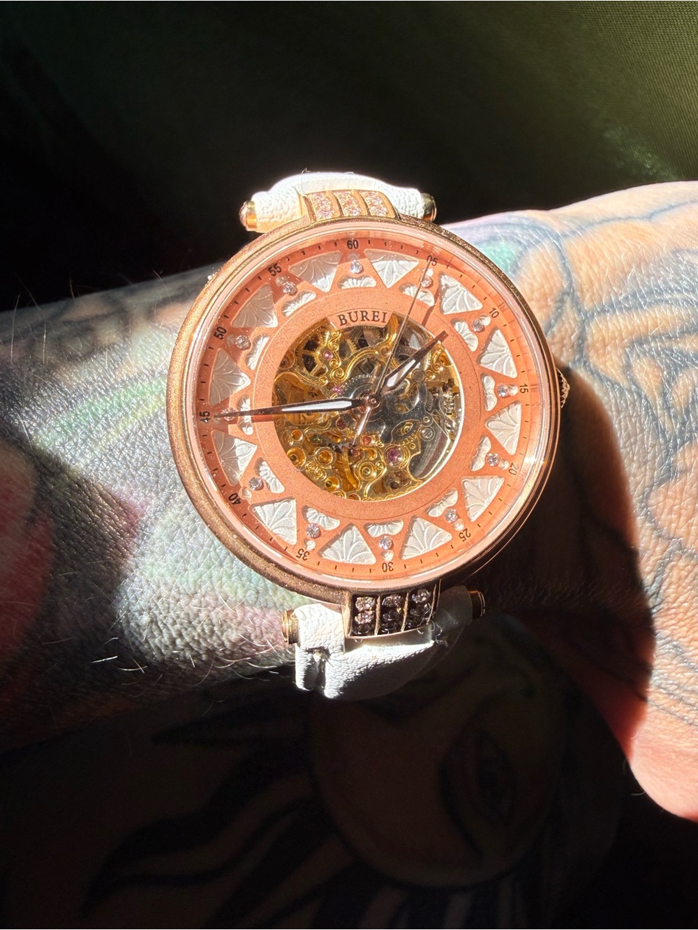 Bureau Rose Gold Skeleton Dial Watch with White leather Strap